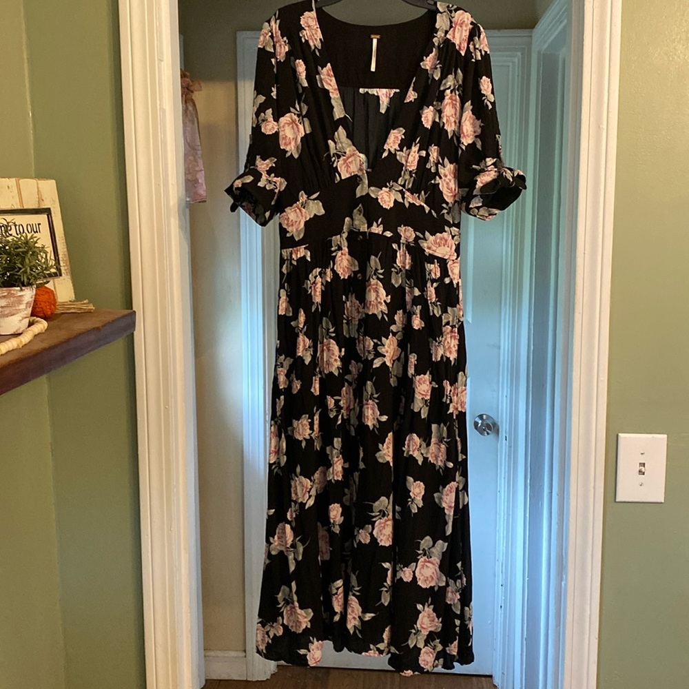 Free People Love Of My Life Black Floral Button Down Midi Dress